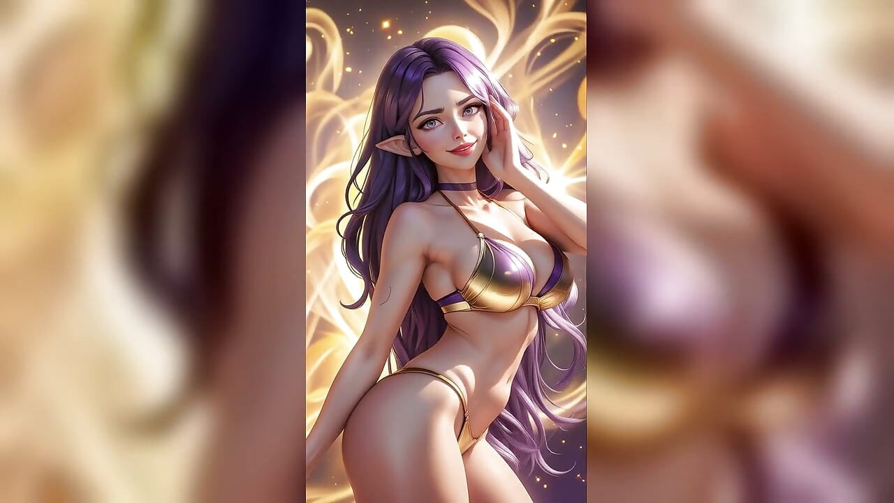 Bailarina elfa de cabello morado en bikini dorado en el bosque mágico - Sexy AI Babes