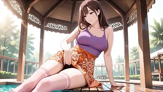 Hentai-schönheit mit dicken titten hüpft leidenschaftlich auf der tropischen Veranda - tropfnass!