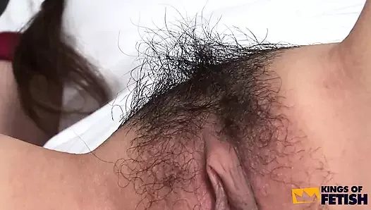 Brunette Japanese chick gets pussy satisfied before having intense sex with a bald man