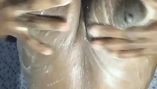 HOT ebony teen enjoys touching her boobs