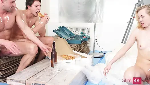 Sexy blonde fucks with workers