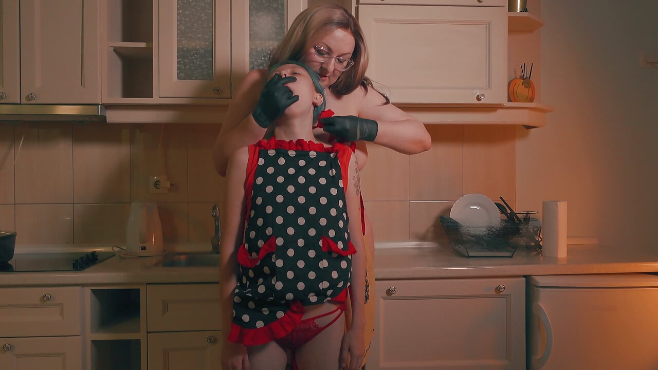Gloved Hand Over Mouth - Big Stepmom Inspects & Humiliates Skinny Stepdaughter