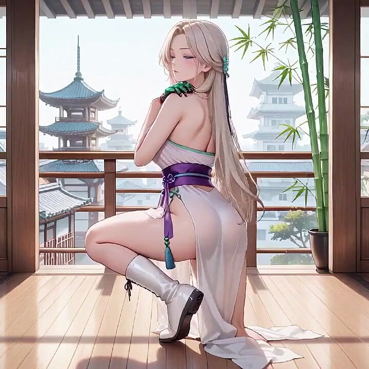 White Kimono Maid! Kneeling in the Japanese Corridor, Huge Slit Revealing Wet Thighs Under the Sun.