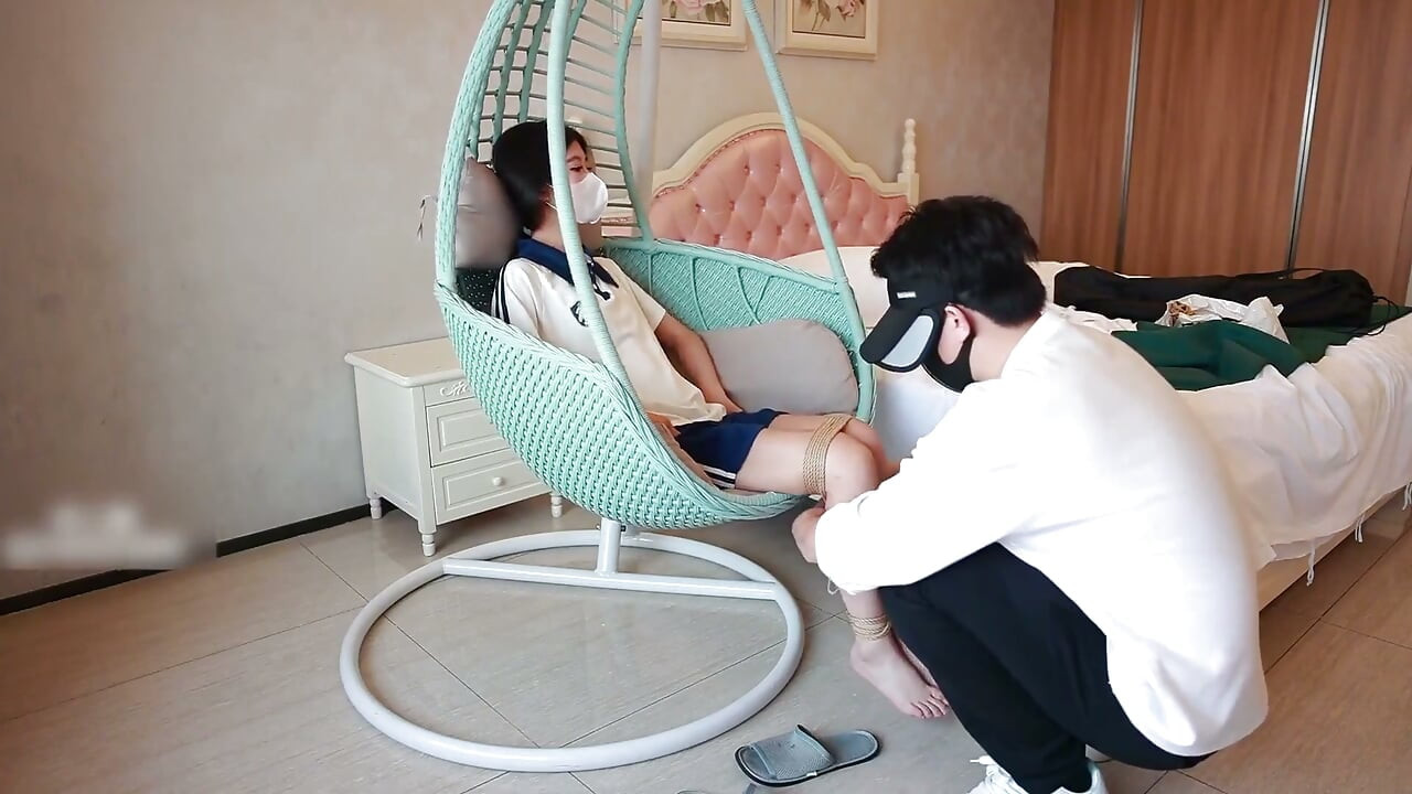 Barefoot College Student Girlfriend, Feet Suspended with Ropes, Hands Handcuffed