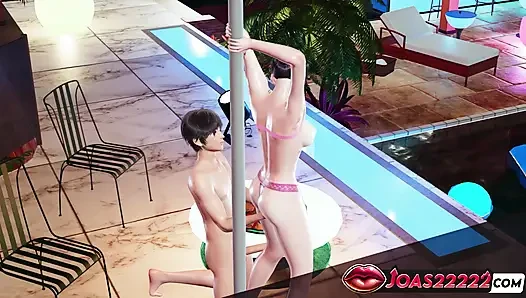 Tamaki in a Pool Animation with Big Tits Massage, Moaning Fingering of Her Tight Pussy, and Dildo Masturbation Squirt