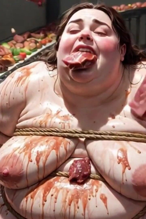 Humilhada gordinha escrava amarrada e enchendo sua barriga profundamente