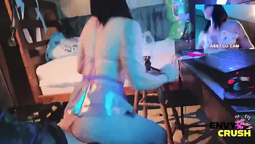 Gamer Girl in Fishnets Gets on Her Knees