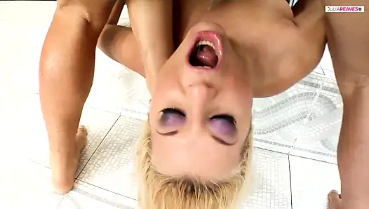 Naughty blonde gets a facial cum spray after sucking hard cocks