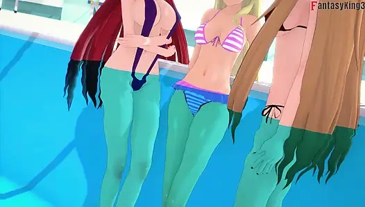 Rias & Akeno Thresome beim telefonieren und Akeno fickte im Öffentlichen Pool - EINE TÄTOWIERTE NTR Madness-Serie