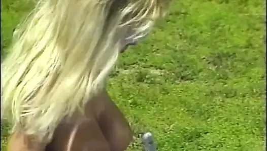 Big boobs lesbian threesome playing in the garden