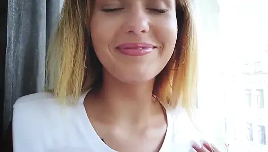Busty Babe Denise with a Wet T-shirt at the Window