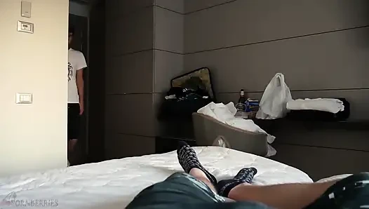 Alex gives me footjob in white-red sneakers and bare feet