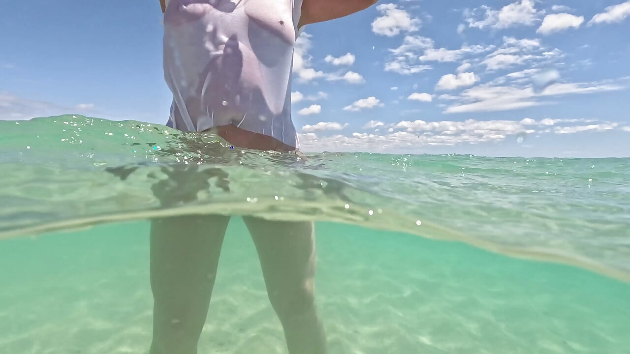 MILF Underwater in Sheer White T-shirt No Panties, Bare Pussy & Ass Close-ups