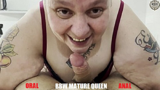 French mature BBW with tattoos and short hair enjoys oral and anal sex