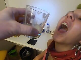 She drinks 11 loads of collected cum from a glass