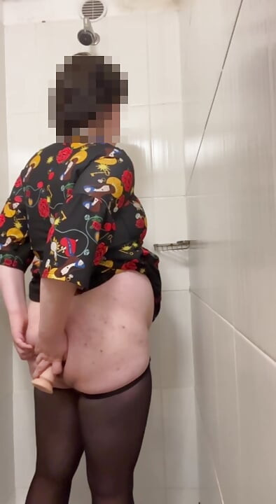 chubby fem boi crossdresser playing with dildo in shower