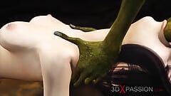 Hot sex! Beautiful young queen gets fucked hard by a Google green monster in the mystical cave