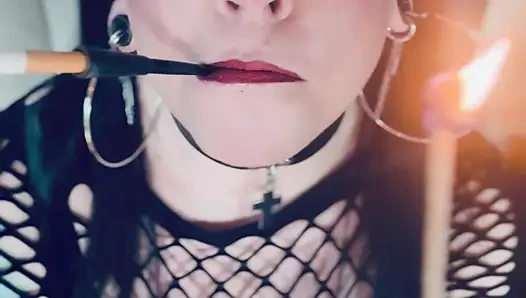 Gothic Girl Tina Snua In Pigtails Smokes A Cigarette In A Holder & Lighting Up With Matches