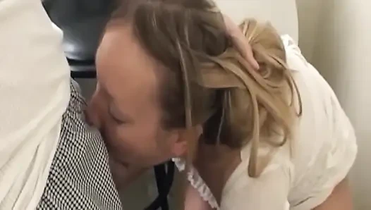 Mature Blonde MILF Deepthroats Big Cock in Bathroom