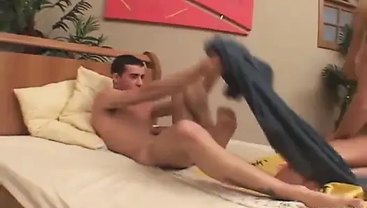 Handsome guy licks and pounds deep a blonde shemale with shaved asshole