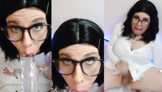 Trans girl Snowycd sucks a dildo and masturbates