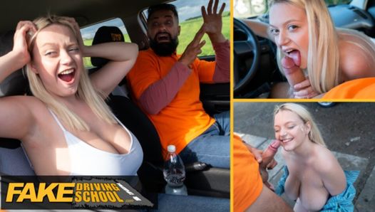 Fake driving school - une blonde aux gros seins naturels, sexe hardcore et facial après un accident de près avec un faux taxi