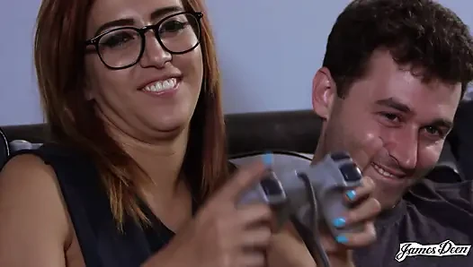 Nerdy Gamer Girl April O'Neil's Cock-Sucking Distraction With Rival