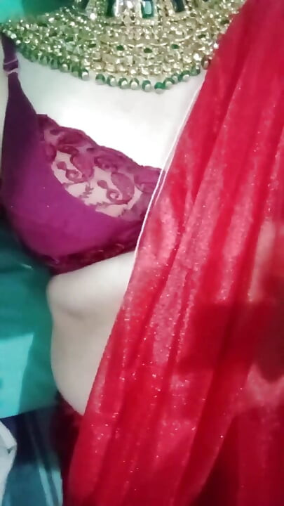 Indian Gay Crossdresser Bottom Gaurisissy Pressing Her Big Boobs and Feeling Horny in Red Saree with Heavy Jwellery