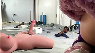 Pink Sissy in Self Bondage Gets Locked to Her Doll and Fucked Hard by Machine