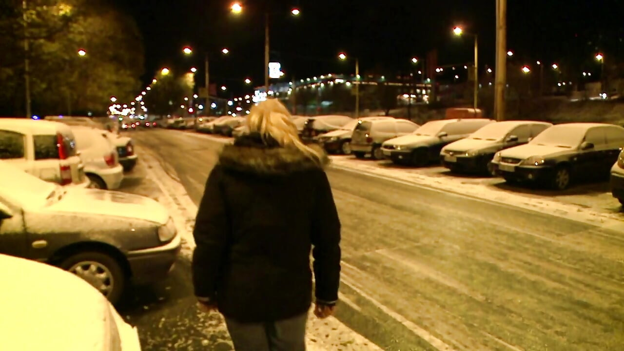 Sexy horny blonde sucks his cock outdoor in POV