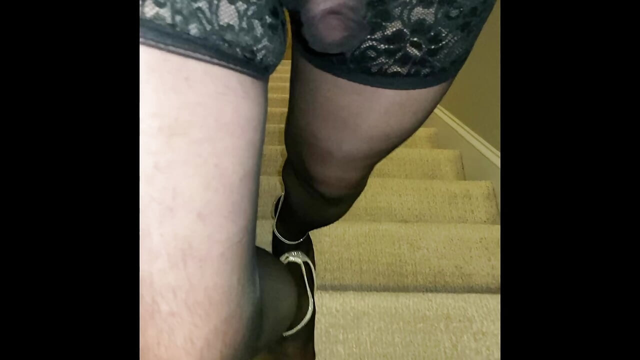 Mom Crossdresser Madison dressing in sexy outfits with thigh high hose stockings and heels and walks around showing off teasing