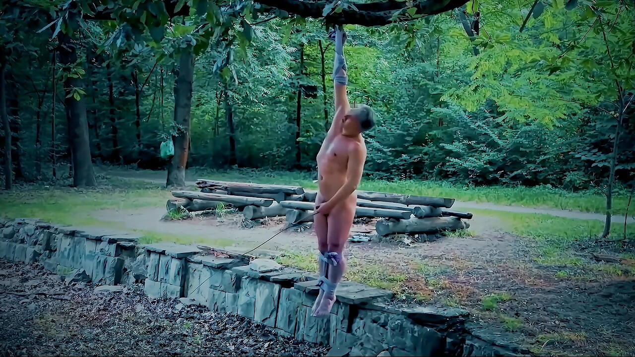 Self Suspended and Naked Gay Whipped until Orgasm