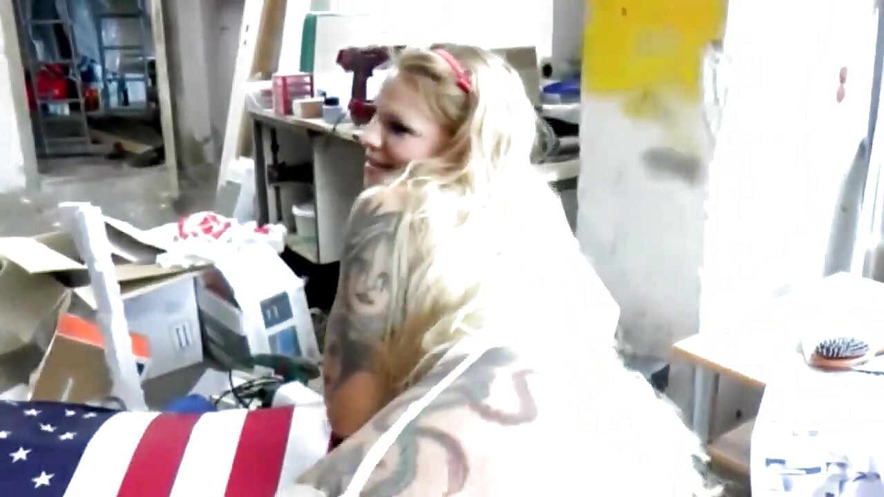 Sexy Blonde with Big Tits with Tattoo Gets Fucked Hard in the Workshop by a Hard Cock