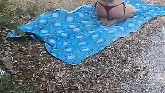 Outdoors, caught masturbating while watching the neighbor who is sunbath...
