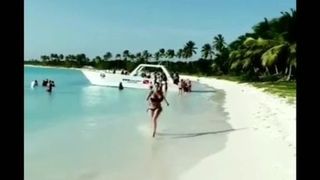 Huge boobs running on beach