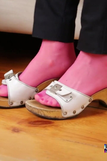 Sensual Dangling & Shoeplay in Pink Pantyhose - Loafers & Clogs