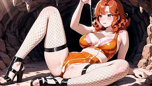 Аниме-рыжая жестко скачет в оранжевом бикини до текущего перелива