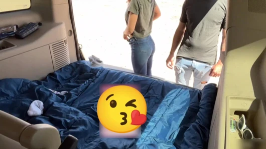Horny Couple Pulls Over and Fucks in the Trunk of the Truck with the Back Door Wide Open