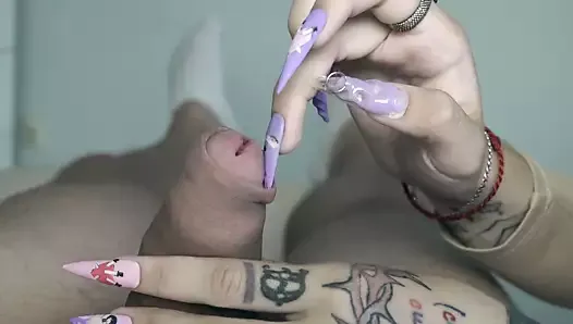 Long nails scratching cock, balls, foreskin and peehole