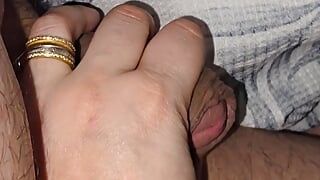 Step mom under blanket handjob step son dick without knowing he has an erection