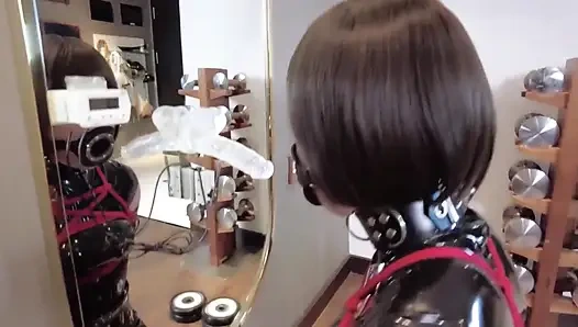 Mz30 - Latex Girl, Bound by Red Rope, Admiring Herself in Front of a Mirror