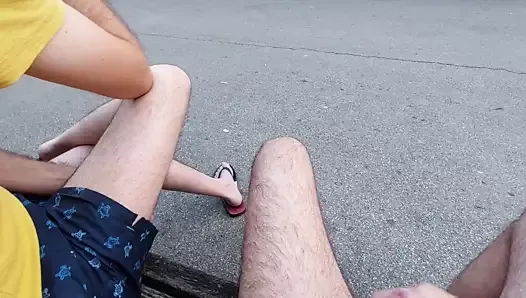 Chilling in park with a new buddy (some jerking, pissing, flashing)