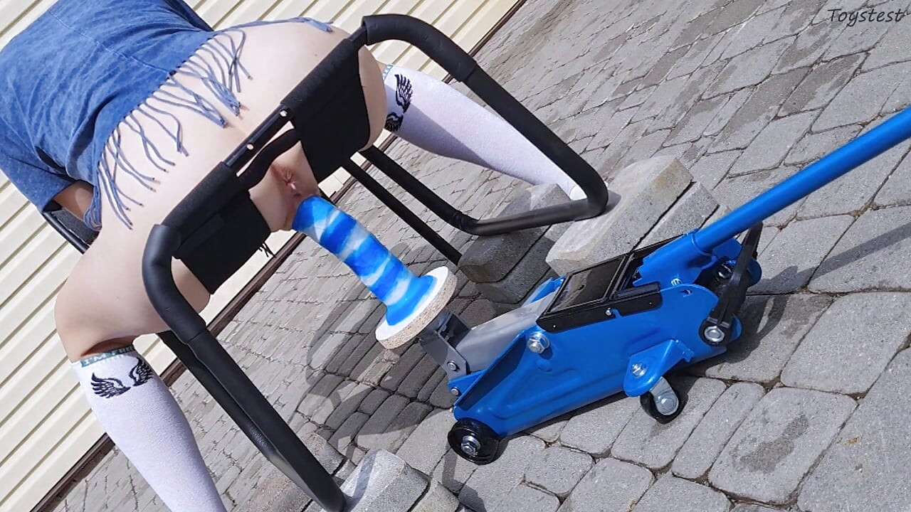 Insertion Fetishes. Car Jack Mounted Dildo Slowly Goes Into TIny Stepsister's Pussy