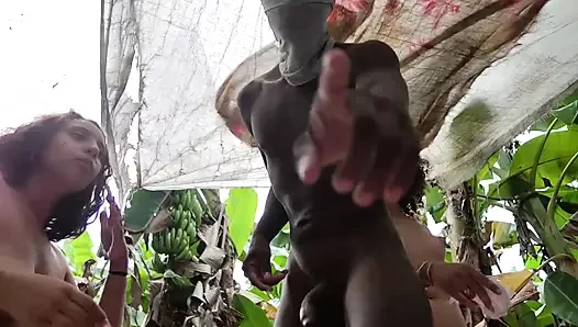 2 Girls Suck Black Guys dick in the jungle