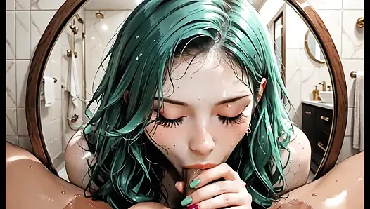 Beautiful Multicolored Haired Girl Sucking Cock In The Bathroom - Blowjob Wet And Deep