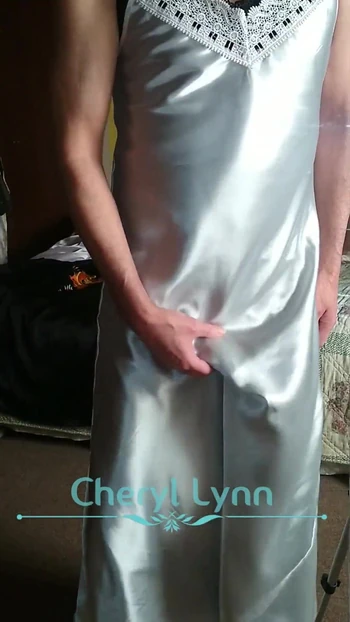 Satin stroking in two nightgowns