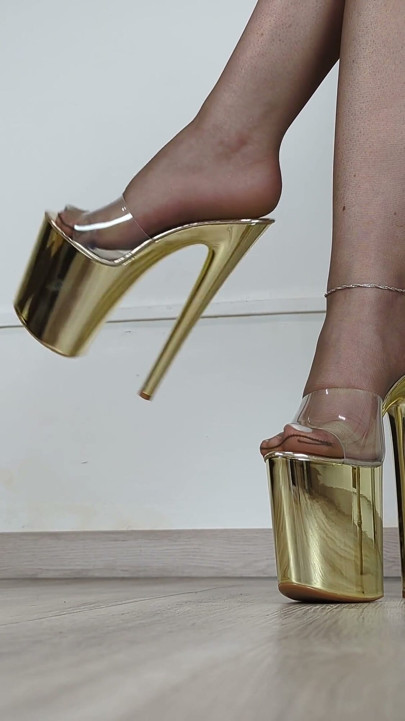 (677) Shoe Collection: Golden and Clear Extreme Heel and Platform Mules - Dame Olga (4k)