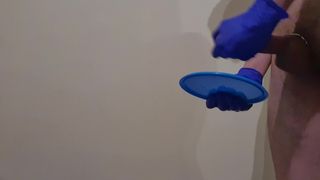 Swallowing my own cum after latex gloves handjob