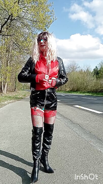 The slut prostitutes herself in the forest and by the roadside, masturbates in her car.