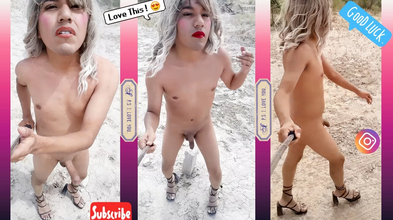 Trans slut walks all naked with delicious penis and heels in very hot public
